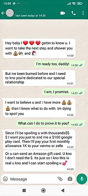 Sugar Daddy Gift Card Scam on WhatsApp